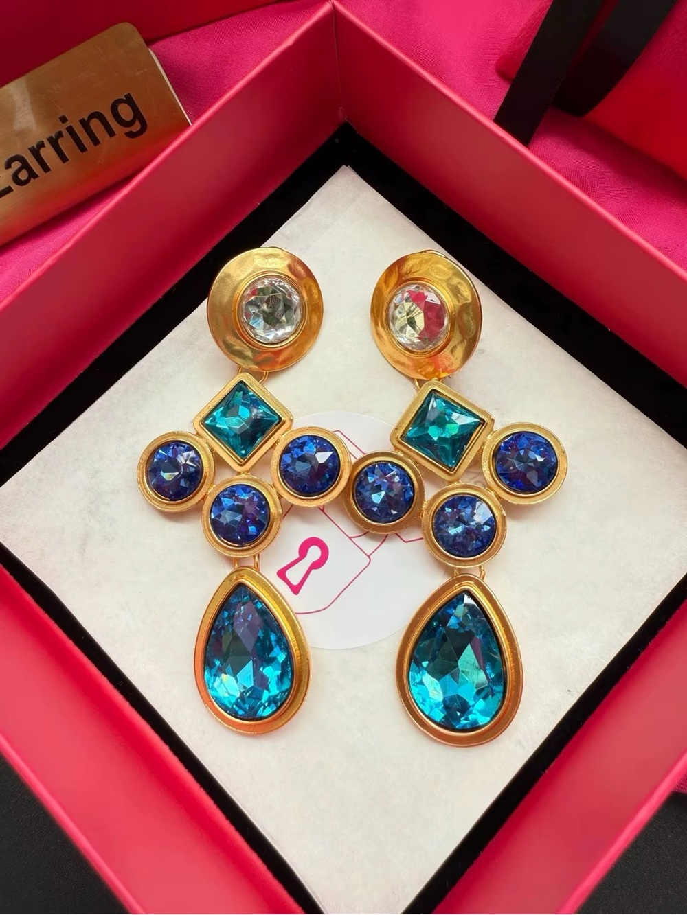 Gold-Plated Blue Crystal Drop Earrings - Designer Style